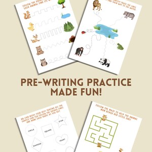 Puede incluir: Hojas de actividades educativas con el texto "ADVENTURE AWAITS: TRACE, DRAW & LEARN!" y "PRE-WRITING PRACTICE MADE FUN!". Incluye actividades de trazo, dibujo y laberintos con animales y formas. Papel blanco con ilustraciones coloridas.