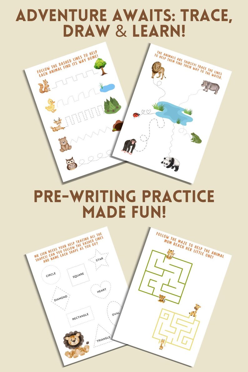 Puede incluir: Hojas de actividades educativas con el texto "ADVENTURE AWAITS: TRACE, DRAW & LEARN!" y "PRE-WRITING PRACTICE MADE FUN!". Incluye actividades de trazo, dibujo y laberintos con animales y formas. Papel blanco con ilustraciones coloridas.