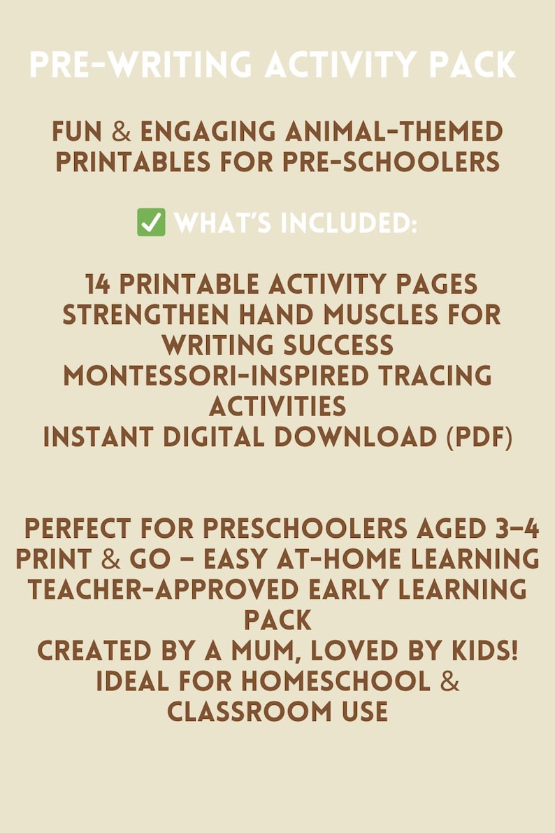 Puede incluir: Descarga digital titulada "PRE-WRITING ACTIVITY PACK" con texto que describe imprimibles con tem&aacute;tica de animales para preescolares. Incluye 14 p&aacute;ginas de actividades imprimibles. Descarga instant&aacute;nea en PDF.