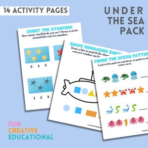 Puede incluir: Un conjunto de páginas de actividades educativas con el tema "Under the Sea Pack". Las páginas presentan ejercicios de conteo, emparejamiento de formas y finalización de patrones con ilustraciones de criaturas marinas. El texto incluye "14 páginas de actividades", "¡Cuenta las estrellas de mar!" y "Divertido, creativo, educativo".