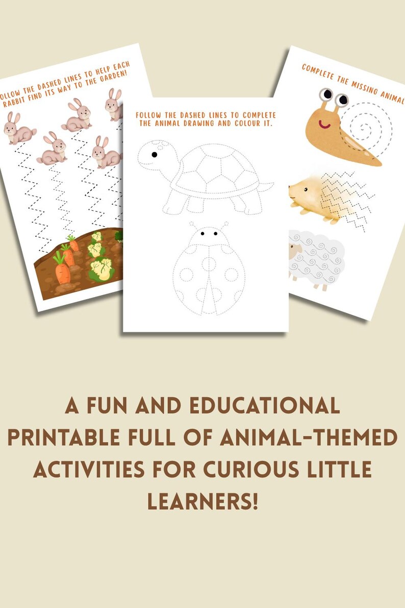Puede incluir: Tres hojas de actividades imprimibles para ni&ntilde;os. Una hoja presenta conejos siguiendo una l&iacute;nea de puntos hacia un jard&iacute;n. Otra muestra un contorno de tortuga y mariquita para colorear. La tercera hoja tiene un caracol, un erizo y una oveja.