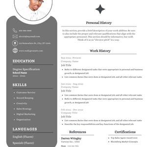 May include: A professional CV template featuring a dark grey sidebar with contact details, education, skills, and languages. The main section includes a headshot of a person, name Mitchell Lumbert, personal history, work history, references, and certifications.