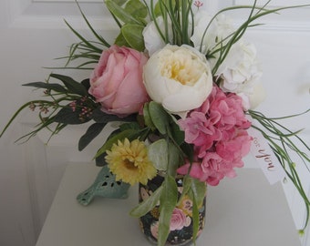 Mason Jar Floral Gift Arrangement, Farmhouse Year Round Centerpiece, Pink Cabbage Rose, Peony, Get Well, Thank You, Birthday, Gift