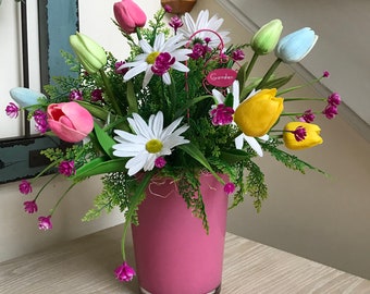 Floral Arrangement, Mother's Day, Easter, Birthday, Get Well, Thank You Gift, Pink, Yellow, Blue Realistic Tulips, Pink Glass Vase