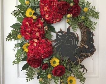 Country Farmhouse Wreath, 32" Front Door Wreath, Year Round Wreath, Rustic Rooster, Red, Yellow Premium Florals, Greenery, Hydrangeas