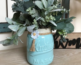 Farmhouse Arrangement, Farmhouse Centerpiece, Blue Mason Jar, Premium Greenery, Lambs Ears Eucalyptus Mix, Year Round Home Decor, Gifts