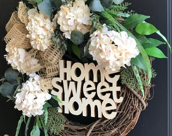Farmhouse Wreath, Creamy Ivory, Home Sweet Home Front Door Wreath, 29" Year Round Wreath, Eucalyptus, Home Decor, Grapevine Wreath