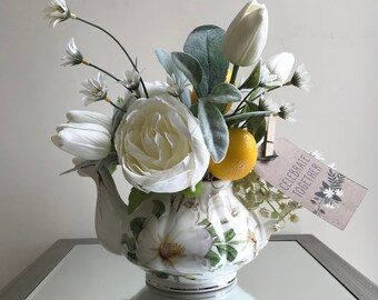 Lemon Teapot Gift Arrangement, Kitchen Decor, White Tulip Peony Lemon Floral Centerpiece, Get Well, Thank You, Birthday
