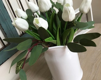 Country Farmhouse Centerpiece, Floral Arrangement, Realistic White Tulips, White Ceramic Pitcher, Eucalyptus, Home Decor, Gifts