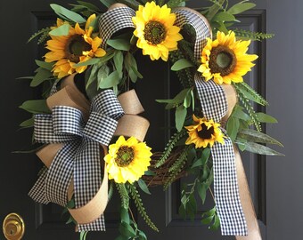Wreath For Front Door, Eucalyptus, Sunflowers, Greenery, Ribbon, Grapevine Wreath, 32" Handcrafted Premium Wreath