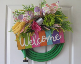 Green Garden Hose Wreath, Outdoor Garden Decor, Spring Welcome Wreath, Summer Wreath, Original Custom Design, Galvanized Watering Can, Gift