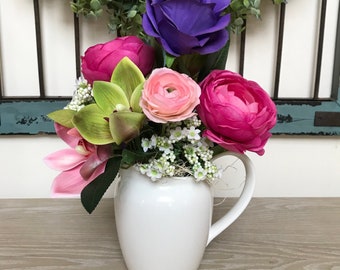 White Pitcher Floral Arrangement, Centerpiece, Ceramic Pitcher, Bright Pink, Purple, Green, Premium Roses, Ranunculus, Orchids
