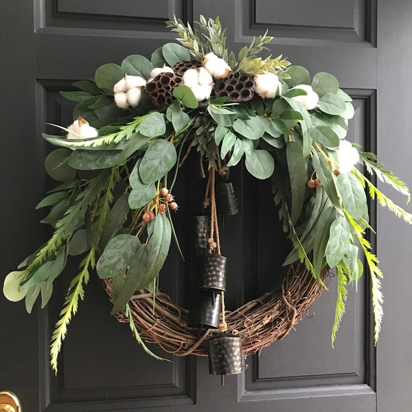 Farmhouse Wreath, Year Round Front Door Wreath, Premium Realistic Mixed Eucalyptus, Black Bells, Cotton Stems, Lotus, Grapevine Wreath