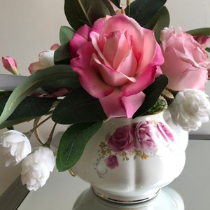 Teapot Floral Gift Arrangement, Mother&#39;s Day, Kitchen Decor, Ceramic Teapot, Pink White Rose Centerpiece, Get Well, Thank You, Birthday