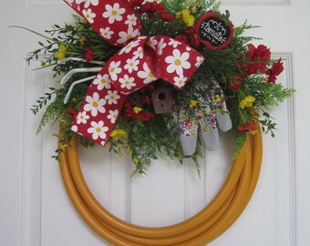 Garden Hose Wreath, Yellow Hose, Spring Summer Wreath, Custom Design, Rusty Birdhouse, Garden Gloves, Garden Tools, Housewarming Gift
