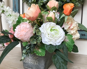 Farmhouse Floral Gift Arrangement, Home Decor, Galvanized Planter, Peach, Green, Ivory Hydrangea, Peonies, Poppy's
