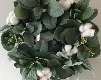 Farmhouse Cotton Wreath, Year Round Wreath, Tabletop Ring, Seeded Eucalyptus, Lambs Ears, Front Door Wreath, Door Decor, Home Decor, Gifts