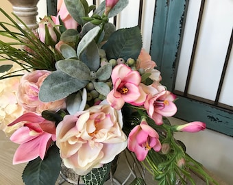 Farmhouse Floral Arrangement, Shades Of Pinks, Greens, Hydrangeas, Roses, Orchids, Lambs Ears, Centerpiece, Home Decor, Gifts