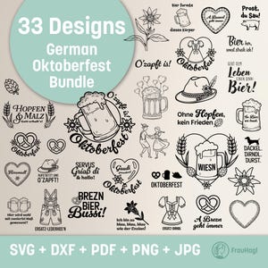 Può includere: Una collezione di 33 design tedeschi per l'Oktoberfest in bianco e nero. I design includono boccali di birra, pretzel, cuori e testo come "Oktoberfest" e "Prost, du Sau!". Formati: SVG, DXF, PDF, PNG e JPG.