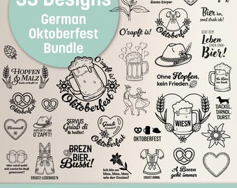 May include: A collection of 33 German Oktoberfest designs in black and white. The designs include beer steins, pretzels, hearts, and text such as "Oktoberfest" and "Prost, du Sau!" The bundle includes SVG, DXF, PDF, PNG, and JPG formats.