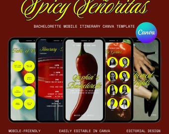 Itinerario de despedida de soltera de Señoritas Picantes – Plantilla editable de Canva / Tema de la Ciudad de México / Horario de viaje optimizado para dispositivos móviles
