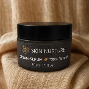 May include: A black jar with a black lid, labeled "SKIN NURTURE CREAM-SERUM 100% Natural." The jar contains 30 ml or 1 fl oz of product. The background is a beige fabric.