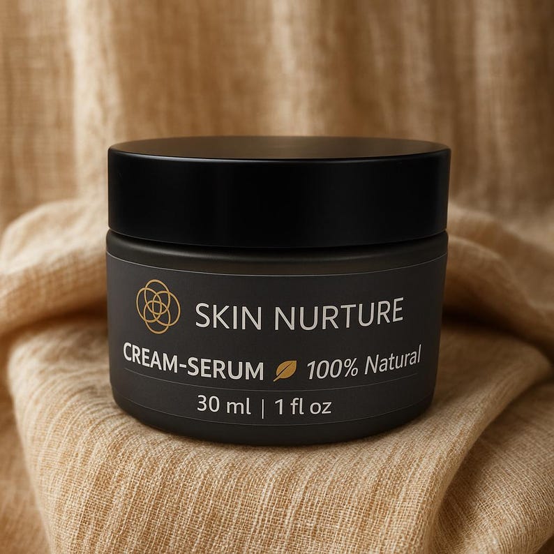 May include: A black jar with a black lid, labeled "SKIN NURTURE CREAM-SERUM 100% Natural." The jar contains 30 ml or 1 fl oz of product. The background is a beige fabric.