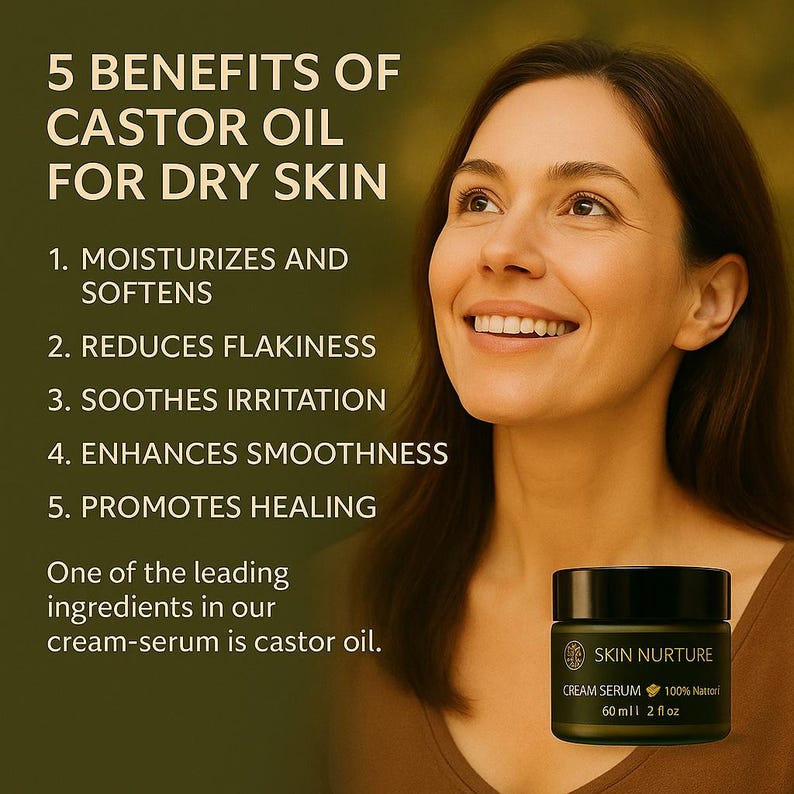 May include: An advertisement for Skin Nurture cream serum. The image features a woman smiling, with text listing the benefits of castor oil for dry skin. A jar of cream serum is in the foreground, with the text "Skin Nurture Cream Serum 100% Nattori 2 fl oz".