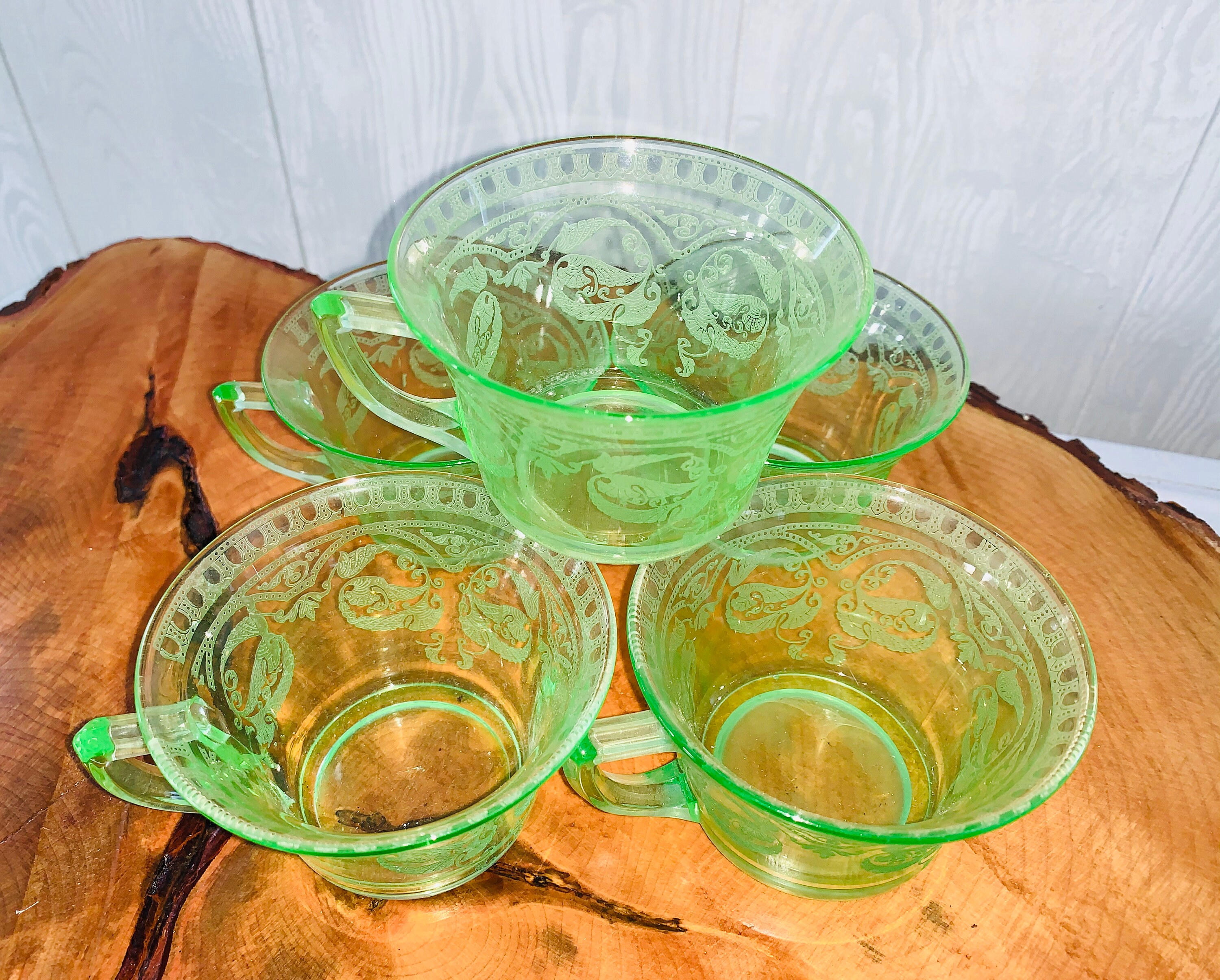 Antique Green Depression Etched Glass Tea Cups Set of 5 Etsy