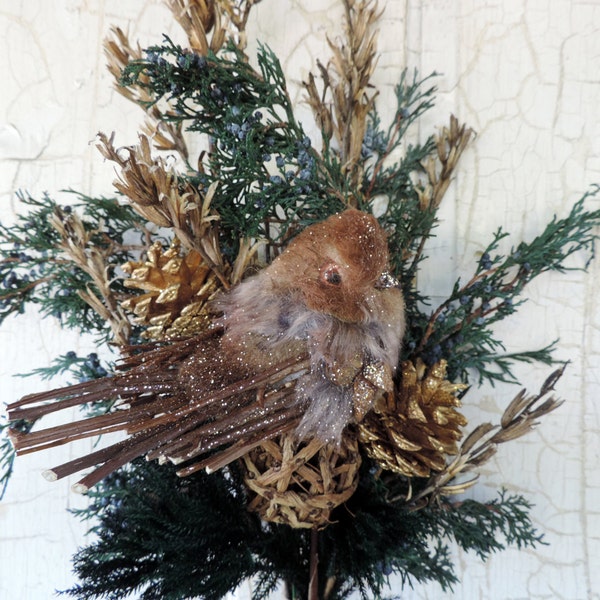 Dried Flower Bouquet Floral Arrangement Christmas Bird Natural with Twigs Tail Feathers Gold Pine Cones Juniper Berries Free Lavender Sachet