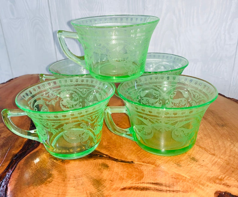 Antique Green Depression Etched Glass Tea Cups Set of 5 Etsy