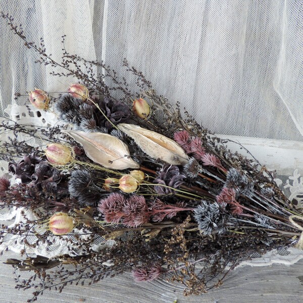 Dried Flower Bouquet Floral Arrangement Pods Love in a Mist Wild Field Grasses Dyed Preserved Free Lavender Lace Sachet with Order