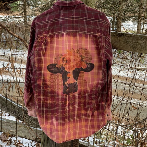 Distressed Recycled Flannel Bleached Shirts Cotton Printed DTG Graphic Design on Back DTG Printed Cow with Flowers