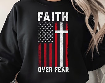 Faith Over Fear PNG, Christian Cross American Flag Design, Distressed Red White Blue Sublimation, Religious USA Digital Download