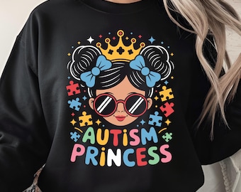 Autism Princess, Afro Girl with Bow and Crown, Autism Awareness, Digital Download, Autism Girl Design, Daughter Gift, Colorful Puzzle Pieces