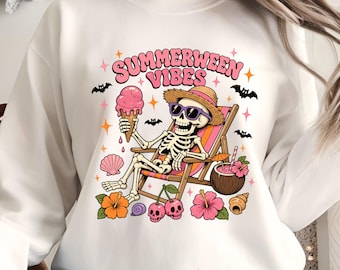 Summerween PNG, Atmosfera estiva spettrale, Halloween in spiaggia estiva PNG, Design di Halloween alla moda, Estate spettrale PNG, Scheletro PNG, Download digitale