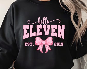 Hello Eleven PNG, 11th Birthday Girl Shirt Design, Est 2015 Birthday Sublimation File, Pink Bow Birthday Party Digital Download