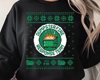 Dumpster Fire Response Team PNG, grappige lelijke kersttrui ontwerp, pixelart brandweerbrand png, kantoorhumor kerstsublimatie