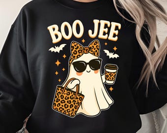 Boo Jee Ghost PNG Digital Design, Cute Halloween Leopard Print Coffee Ghost PNG, Spooky Chic Glam Ghost Instant Download