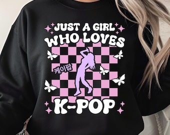 Just a Girl Who Loves K-Pop PNG, Cute KPop Girl Silhouette Clipart, Pink Checkered Aesthetic PNG, Butterfly Korean Text Graphic K-Pop Design