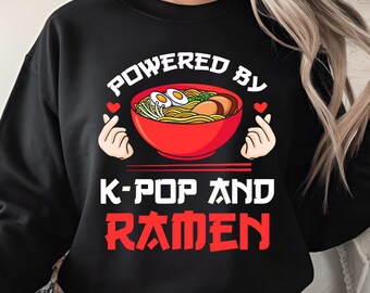 Powered By K-Pop and Ramen PNG, Korean Food Meme Digital Design, Kpop Fan Gift Sublimation, Cute Ramen Bowl with Finger Heart Art