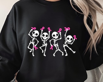 Dancing Skeletons Pink Ribbon PNG, Breast Cancer Awareness Sublimation Design, Spooky Halloween Cancer Support Digital Download