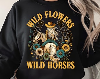 Wild Flowers Wild Horses PNG, Cowgirl Sublimation Design, Western Horseback Riding Digital Download, Retro Country Floral Printable