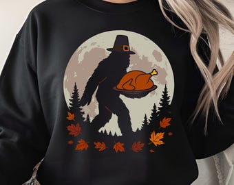 Thanksgiving Bigfoot PNG – Sasquatch in Pilgrim Hat Carrying Turkey, Full Moon & Fall Leaves Digital download