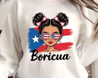 Chignon spettinato di Porto Rico in formato PNG, design a sublimazione con orgoglio per l'eredità ispanica, download digitale di occhiali a forma di cuore per ragazze latine, bandiera portoricana