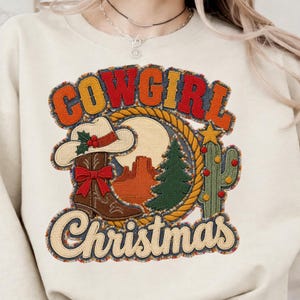 Cowgirl Christmas PNG, Western Christmas Shirt Design, Country Christmas PNG, Cowboy Boots Hat and Cactus, Retro Patch Sublimation DTF