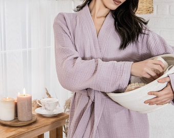 Bata de algodón turco, bata de muselina de algodón, bata tipo kimono larga, bata de novia suave, bata de baño