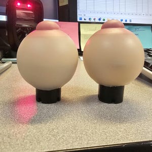 Op de afbeelding: Twee bolvormige, vleeskleurige objecten met een donkerder roze gebied aan de bovenkant, gemonteerd op zwarte cilindrische bases. De objecten staan op een lichtgrijze ondergrond, met kantoormateriaal en papierwerk op de achtergrond.