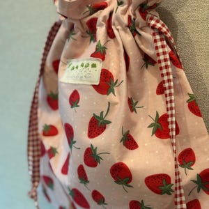 Strawberry and Red Gingham Drawstring Tote Bag