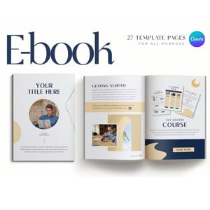 Pode incluir: Um ebook aberto com capa e páginas brancas. A capa diz "YOUR TITLE HERE" com uma foto de uma pessoa lendo. As páginas abertas mostram o texto "GETTING STARTED" e "GET ACCESS COURSE". O ebook tem 27 páginas de modelo.
